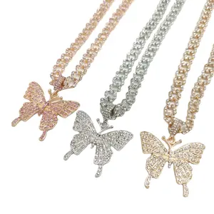 Women Hip Hop Iced Out Bling butterfly Pendant Necklace Cuban Chain Hip Hop Necklaces Fashion Charm Jewelry