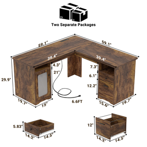 Bureau de direction en forme de L Unikito avec tiroir, prises électriques, ports de charge USB, écologique, gain de place, armoire de rangement pour 2 personnes - Product Image 6