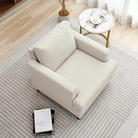 Fauteuil en tissu de lin Beige moderne du milieu du siècle chaise rembourrée confortable pieds en bois pour salon chambre chaise de loisirs