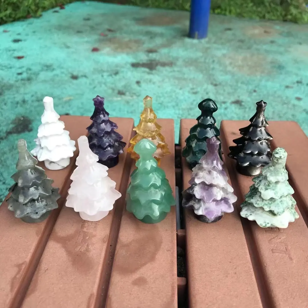 Hot Sale Natural Gemstone Hand Carved Christmas Trees Crystal Gifts Decoration
