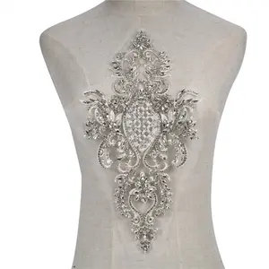 Handmade wholesale RM-358 crystal lace beaded bridal rhinestone applique patch rhinestone bodice applique