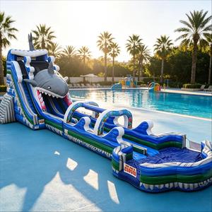Kommerzielle Hai-Themen-Doppelrutsche, aufblasbare Wasserrutsche aus PVC mit Hindernisbögen und Planschbecken zur Miete - Product Image 1