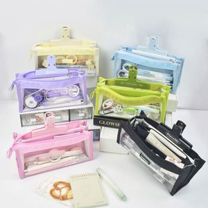 Estuche de PVC para Estudiantes, 6 Compartimentos, Organizador Impermeable para Exámenes, Estuche Transparente para Lápices de Colores Pastel - Product Image 2