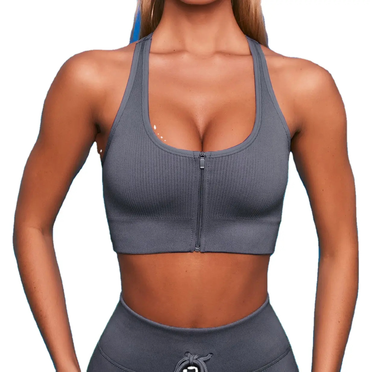 Seamless knitted running underwear I-heart yoga bra square collar zipper fitness top