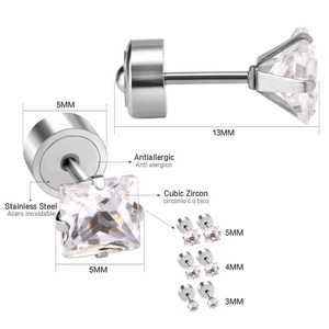 Joyería de Moda, Joyería de Acero Inoxidable Hipoalergénica, Aretes Pequeños de Zirconia Cúbica con Tornillo de 5MM, 4MM y 3MM - Product Image 4