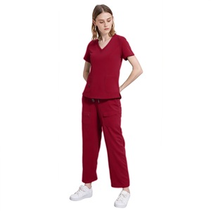 Women's Scrub Set V-Neck Top And Cargo Pants Moisture Wicking Split Uniform Hospital Wear Red Size S XXL - Product Image 1