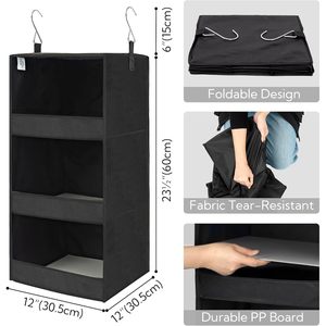 Organisateur de placard suspendu à 3 étagères, noir, pliable, en tissu rectangulaire, pour le rangement des vêtements, utilisation en chambre, type crochet - Product Image 3