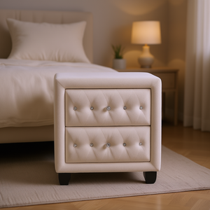 Comodino Moderno Crema con 2 Cassetti, Rivestito in Velluto Trapuntato, Materiale in Legno, Arredamento per Camera da Letto - Product Image 2