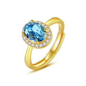 ठीक गहने 18K सोना मढ़वाया 925 स्टर्लिंग चांदी उंगली की अंगूठी महासागर ब्लू ओवल क्रिस्टल त्यागी हेलो 5A जेड हीरा अंगूठी मुफ्त आकार