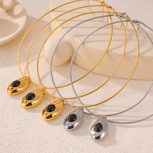 18K Gold Plated Agate Leather <strong>Cord</strong> Necklace - INS Trendy Water <strong>Drop</strong> <strong>Pendant</strong> for Women Daily Wear - Product Image 4