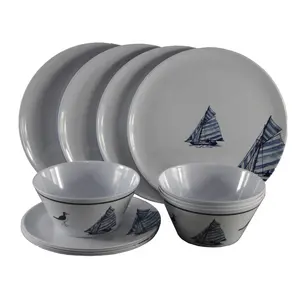 Thuyền buồm Thiết Kế 12 pcs Melamine Bộ Đồ Ăn thiết lập bộ Bát Đĩa