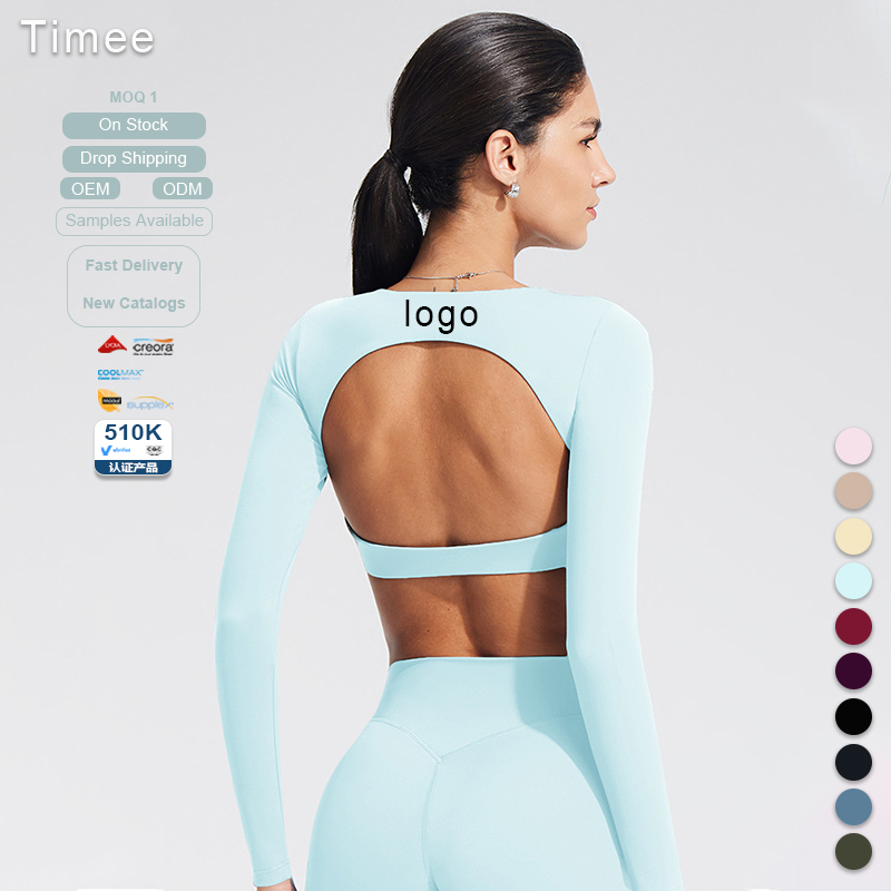 Hollowed-out Tight-fitting Sports Long-sleeved T-shirt with Chest Cushion Fitness Elastic and Breathable Yoga Top for Women