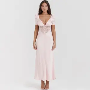 Women Sexy V-neck Lace splicing double-deck Satin expose waist Dress Pleated Floor Length Elegant Evening Dress