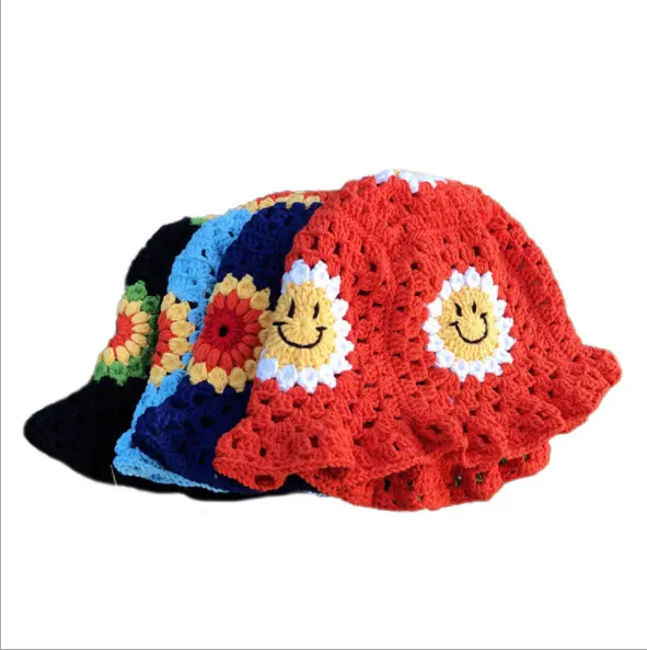 Round Brim Custom logo Unisex handmade crochet knit floral summer Bucket Hat sun protective hat for women and men sun hat