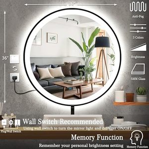 Estilo moderno montado en la pared LED marco negro baño espejo inteligente pantalla táctil redonda para maquillaje para dormitorio - Product Image 6