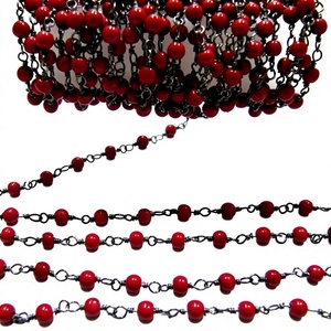 Coral Quartz Plain Smooth Round 3mm ball shape beaded <b>Wire</b> Wrapped Chain - Product Image 1