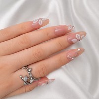 Faux Ongles Minimalistes Personnalisés à Presser, Amande, Pétale 3D Argent Blanc, Gel Brillant Nude, Élégants, Vente en Gros OEM