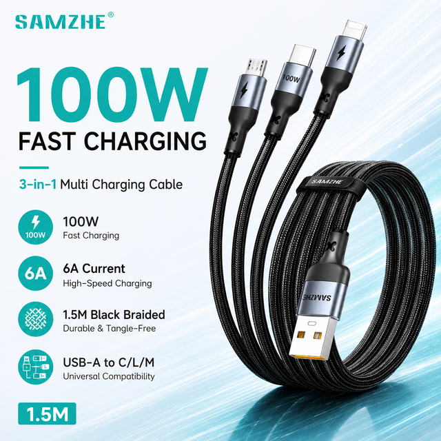 SAMZHE 1.5m Black Braided 100W USB-A to M/C/L 100W Data Cable 6A Fast Charging Cable for iOS Android Micro Cable Multi Device