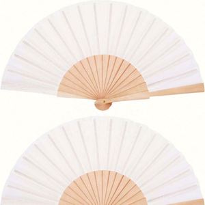 Abanico Plegable de Madera y Tela Blanco de 23 CM con Logotipo Grabado en el Mango, Abanico Artesanal de Madera para Bodas - Product Image 1