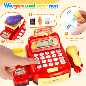 Caisse enregistreuse pour enfants, jouet de simulation avec son, lumière, calculatrice, balance, scanner et pièces de monnaie pour jeu de rôle en supermarché - Product Image 3
