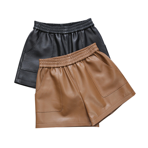 0611 Fashion Simple Sheep Leather Trousers Elastic Waist Big Pockets Genuine Leather Leisure Short Pants