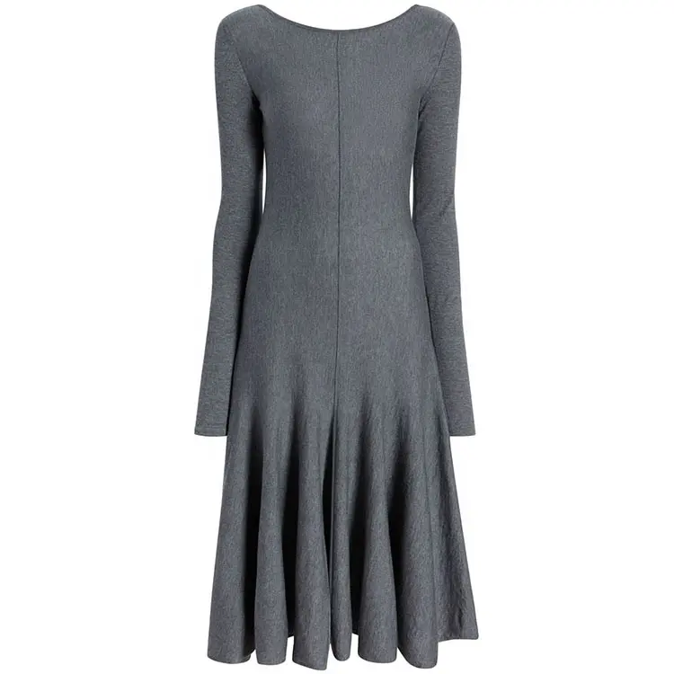 Knitwear manufacturers custom gray autumn winter wool long sleeve crew collar backless v neck slim women knit sweater dress
