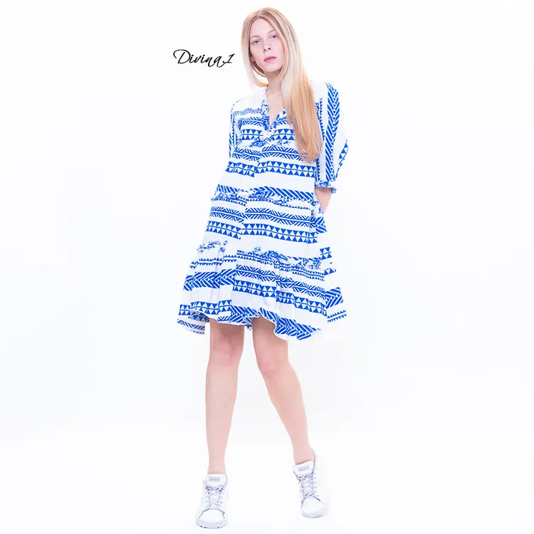 Italian design blue and white pattern big hem dress mid-sleeved V-neck shirt dress