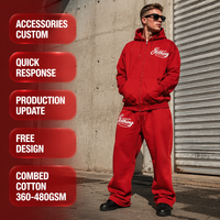 Ensemble de survêtement streetwear pour homme, comprenant un sweat à capuche surdimensionné à fermeture éclair intégrale en molleton de coton 400 GSM rouge personnalisé et un pantalon de jogging à jambes larges avec logo en écriture cursive
