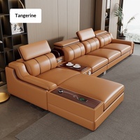 Canapé d'angle en cuir véritable minimaliste moderne avec rangement, structure en bois massif, revêtement en cuir de vachette première couche, pour salon