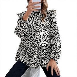 <b>Women</b> Leopard Print Chiffon Blouse Ruffled Collar Balloon Sleeve <b>Long</b> Loose Fit Casual <b>Top</b> Spring Summer Wear - Product Image 4