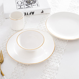 Service de table de luxe personnalisé, assiettes en porcelaine avec bordure dorée, <span class=keywords><strong>fond</strong></span> <span class=keywords><strong>blanc</strong></span>, motif rond élégant, service de fête - Product Image 5