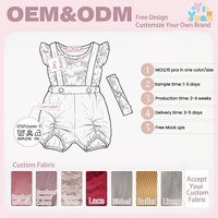 Ensemble polyvalent d'été pour bébé fille : Blouse florale à manches volantées rose poudré, salopette à bretelles boutonnée et bandeau noué assorti