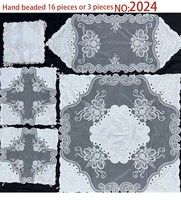 Ensemble de 16 pièces de nappe et chemin de table perlés faits à la main, broderie en maille de luxe, linge de table pour mariage, banquet, décoration de fête