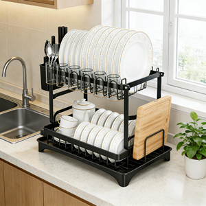 2025 Hot Selling Carbon Steel Black 2 Tier Tableware <b>Dish</b> Drying Drainer Dyer Rack with Cutlery Holder Made in China - Product Image 6