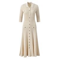 Robe longue en tricot évasé pour femme élégante col polo manches trois quarts pour femme Midi naturel pour le printemps