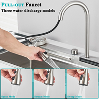 Évier de cuisine en acier inoxydable avec cascade Robinet extractible Évier unique avec tasse à haute pression Lavabos de bar pour café de blanchisserie