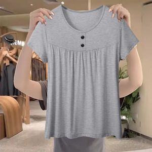 Plus Size Women's Loose Fit T-Shirt Maroon Short Sleeve Button Front Knitted Top Solid Color Summer Wear - Product Image 3