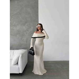 Vestido de Punto con Detalles de Encaje, Vestido Suéter para Mujer, Hombros Descubiertos, Manga Larga, Beige, Talla S - Product Image 3