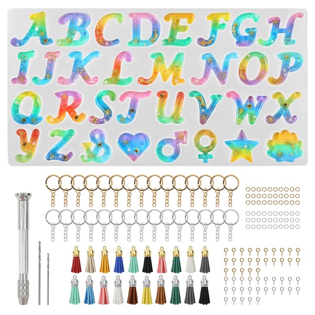 DM559 Alphabet Resin Craft Silicone Mold Set DIY Letters Earring Keychain Necklace Jewelry Pendant Making Tools with Accessories