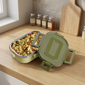 Petite boîte à lunch en acier 600 ml, boîte à lunch rectangulaire en plastique avec couvercle en plastique, 1 compartiment, anti-fuite, portable, simple niveau, taille M - Product Image 2