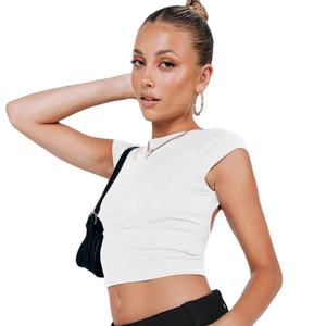 Top court sans manches en coton uni, style européen et américain, dos nu, t-shirt personnalisable - Product Image 5