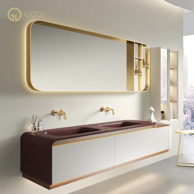 GODI estilo euro high end montado na parede bath top dupla pia 72 polegadas branco e ouro armário do banheiro vaidade com espelho led