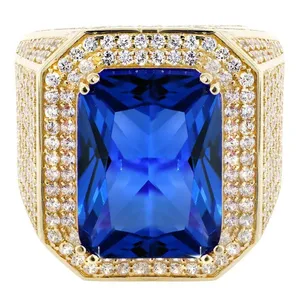 Fashion Luxury Antique Gold Plated Pave Radiant Cut Blue Sapphire Zircon Engagement Bands Mens 925 Sterling Silver Finger Rings