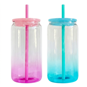Gobelets en acrylique réutilisables de 16 oz, colorés en dégradé, en forme de canette, avec couvercle en PP et paille, pour enfants, écologiques, compatibles lave-vaisselle - Product Image 1