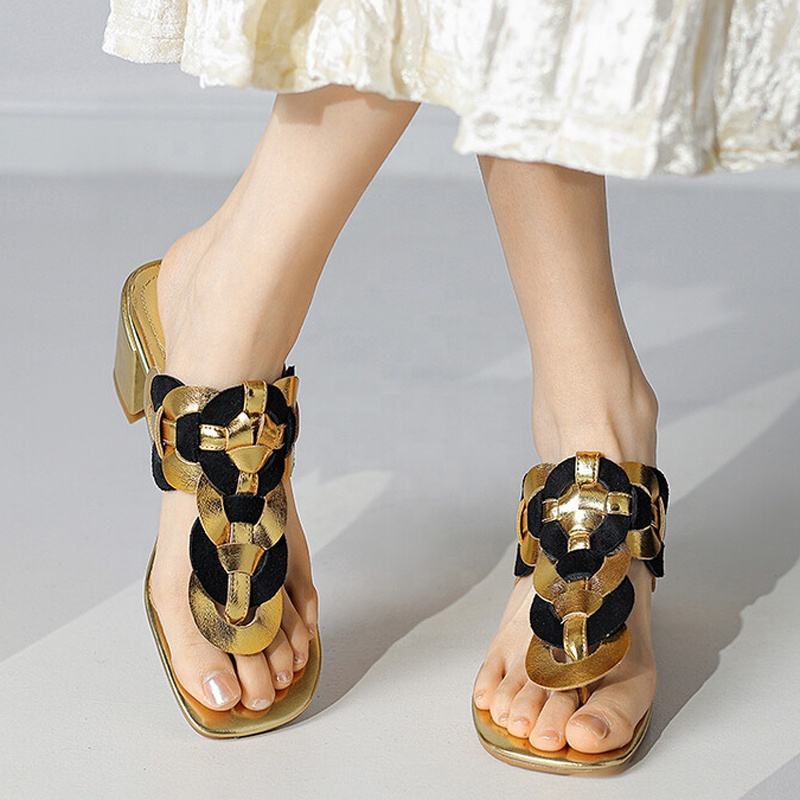 Large Size 47 Low Chunky Heels Women Clip Toe Slippers Dress Slip