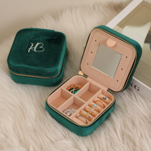 Custom Logo Travel Portable Square <b>Storage</b> Jewelry Zipper Box Velvet Jewelry <b>Storage</b> Packaging Box with Mirror Wedding Favor - Product Image 2