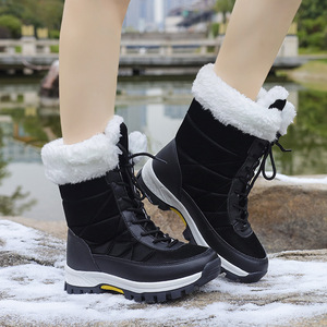 Women Winter Snow Boots Furry Cuff Mid Calf Lace Up Boots Waterproof Anti Slip Thick Sole <b>Warm</b> Outdoor Boots - Product Image 2
