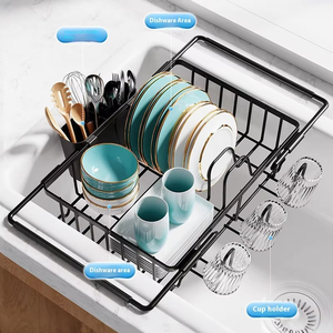 Égouttoir à vaisselle <span class=keywords><strong>pour</strong></span> <span class=keywords><strong>évier</strong></span> de cuisine avec porte-couverts et porte-gobelets, égouttoir <span class=keywords><strong>extensible</strong></span> en acier au carbone - Product Image 6