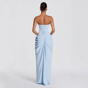 Robe de soirée femme style français, luxe léger, sans bretelles, nouvelle collection printemps-été, taille plissée, fendue asymétrique, longueur ras du sol - Product Image 2
