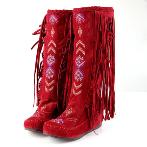 Botas Bordadas com Franjas em Veludo Fosco, Cano Alto e Salto Baixo, Botas de Lazer para Mulheres - Product Image 1